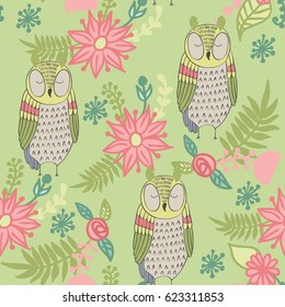 Vector seamless pattern with owls and flowers.