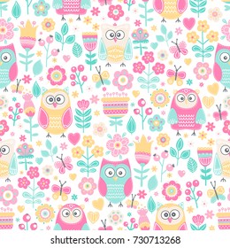 Vector seamless pattern and owls   flowers  Cute childish background and hand drawn birds  plants   berries  On white backdrop   Pastel colors 
