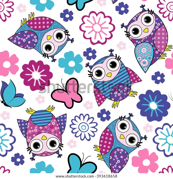 Vector Seamless Pattern Owls Flowers Stock Vector (Royalty Free) 393618658