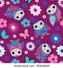 Vector seamless pattern with owls and flowers.Pink.