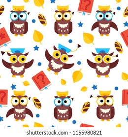 Vector seamless pattern with  owls in graduate caps.