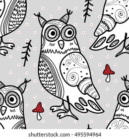 Vector seamless pattern with owls. Grey.