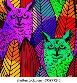 Vector seamless pattern with owls and leaf 