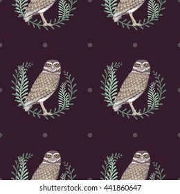Vector seamless pattern with owls and leaves