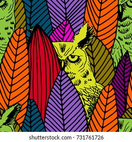 Vector seamless pattern with owls and leaves 3