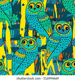 Vector seamless pattern with owls and lines 2