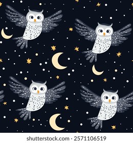 Vector seamless pattern with owls. Magical repeated texture with flying owls. Celestial print with owls, moon and stars. Fantasy night background