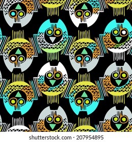 Vector Seamless Pattern with owls on Black Background. Hand drawn