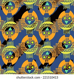 Vector Seamless Pattern with owls on dark blue Background. Hand drawn