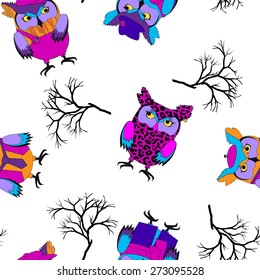 Vector Seamless pattern with owls on the tree-9