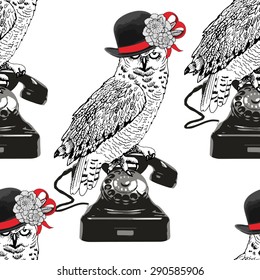 Vector seamless pattern and owls telephone in hat and flower  White  black  red  Drawing hands 