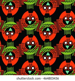 Vector Seamless Pattern with owls on black Background. Hand drawn