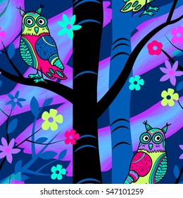 Vector seamless pattern with owls on a tree. Blue