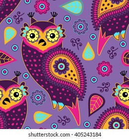 Vector seamless pattern with owls. Paisley. 