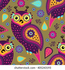 Vector seamless pattern with owls. Paisley. 