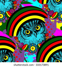 Vector seamless pattern with owls rastafarian. Owl in beret. Rastamanskaya takes. Colorful. Red, blue, yellow, green, violet.