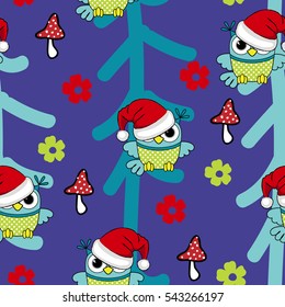 Vector seamless pattern with owls in a red hat. Santa. Christmas. Greeting card. Violet