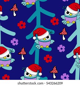 Vector seamless pattern with owls in a red hat. Santa. Christmas. Greeting card. Blue