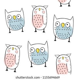 Vector seamless pattern with owls. Scandinavian motives.