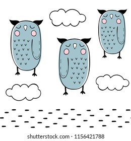 Vector seamless pattern with owls. Scandinavian motives.