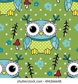 Vector seamless pattern with owls and toadstools. 