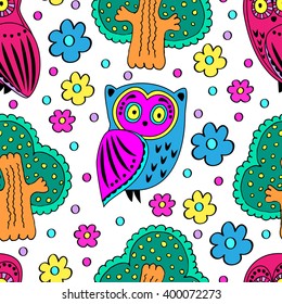 Vector seamless pattern with owls and trees