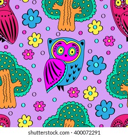 Vector seamless pattern with owls and trees. Violet.