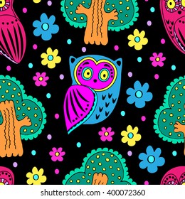 Vector seamless pattern with owls and trees. Black