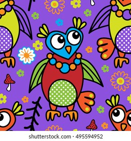 Vector seamless pattern with owls, trees and flowers.