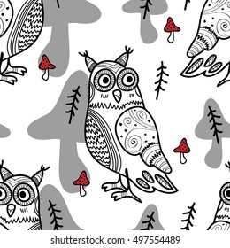 Vector seamless pattern with owls, trees and amanita. White, black and red.
