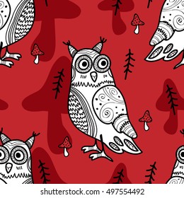 Vector seamless pattern with owls, trees and amanita. Red and white.
