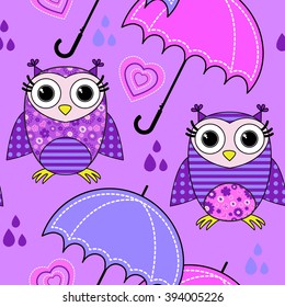 Vector seamless pattern with owls with umbrella and hart. Violet.