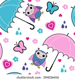 Vector seamless pattern with owls and umbrella, butterfly, hart and flowers. 