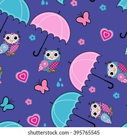 Vector seamless pattern with owls and umbrella, flowers and butterfly. Blue.