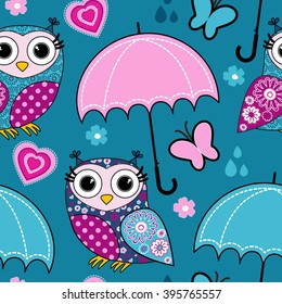 Vector seamless pattern with owls and umbrella, flowers and butterfly. Green.