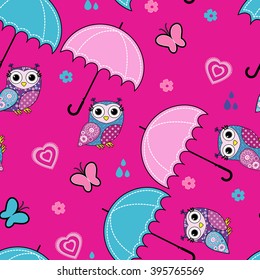 Vector seamless pattern with owls and umbrella, flowers and butterfly. Pink.