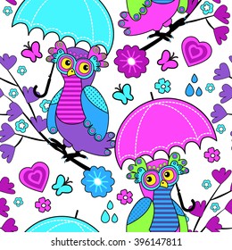 Vector seamless pattern with owls and umbrella. Owls on a tree.