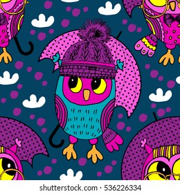 Vector seamless pattern with owls and umbrella 4