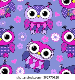 Vector seamless pattern with owls. Violet, pink.  