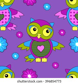 Vector seamless pattern with owls. Violet.