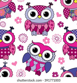 Vector seamless pattern with owls. White, violet, pink.  