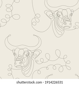 Vector seamless pattern with Ox head. Chinese symbol of the year 2021. Vector trendy mono line minimal background. Can be used as swatch for illustrator. 