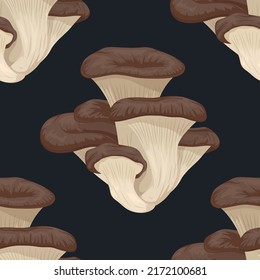 Vector Seamless Pattern with Oyster Mushroom on Black. Seamless Texture, Hand Drawn Cartoon Oyster Mushrooms Bush. Design Template for Textile, Wall Paper. Pleurotus Ostreatus. Mushroom Print