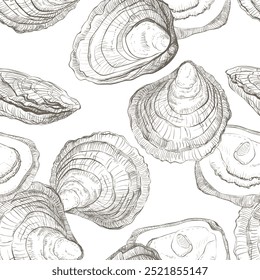 Padrão de ostras sem emenda do vetor. Conchas de ostras desenhadas à mão sobre fundo branco, esboço linear. Efeito de gravura, raposa de tinta. Clipart para embalagem, menu.