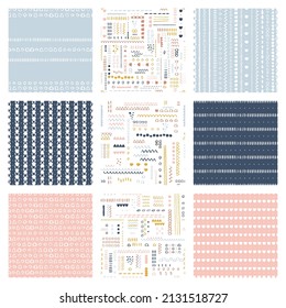 Vector seamless pattern pack Set of childish surface backgrounds Trendy customized colors Childhood hipster theme, scandinavian style geometric abstract pattern pack For printing on paper and fabric
