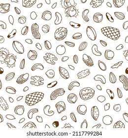 Vector seamless pattern, packaging design of nut and seed mix or snack. Walnut, peanut and sunflower seeds. Almond, pistachio, cashew, hazelnut and macadamia. Illustration in line art style