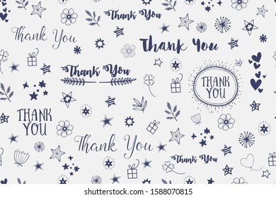 Vector seamless pattern for packaging, wrapping. lettering of the phrase "thank you" in different fonts. Vector doodles. Light background