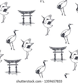 Vector seamless pattern with pagoda and dancing cranes. Hand drawn texture with symbols of Japan in sketch style.