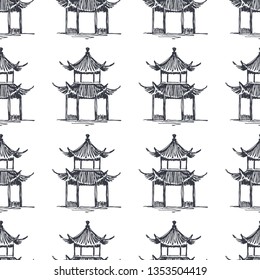 Vector seamless pattern with pagoda in sketch style. Hand drawn texture with symbol of eastern architecture.