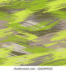 Vector Seamless Pattern with Paint brush stripes in green and grey colors. Texture with Grunge Elements dry border. Hand drawing painting background . Backdrop, background, fabric, Wallpaper. Vector.